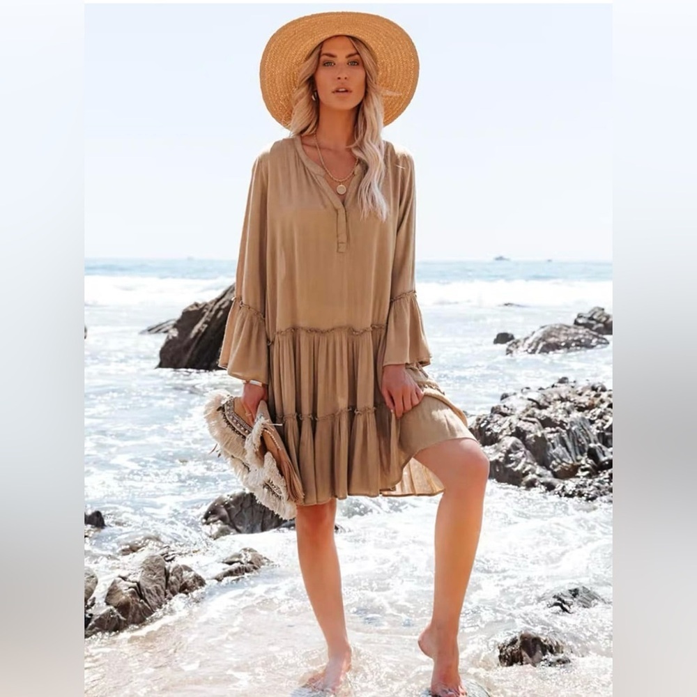 Moss Rose Women's Summer Button Down V Neck Casual Loose Flowy Tunic Dress